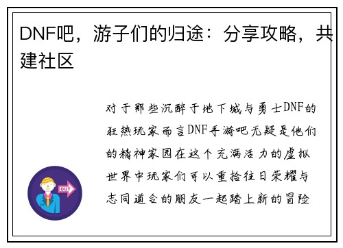 DNF吧，游子们的归途：分享攻略，共建社区