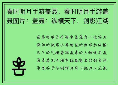 秦时明月手游盖聂、秦时明月手游盖聂图片：盖聂：纵横天下，剑影江湖